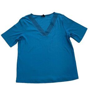 Talbots Peacock Blue Cotton Blend Short Sleeve V-Neck Ribbed T-Shirt, Lace Trim